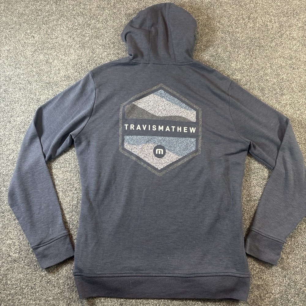 TravisMathew Pullover Hoodie Blue Solid Logo Drawstring Men's M Regular - Picture 4 of 6